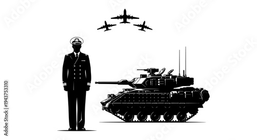Military Officer, Tank, and Fighter Jets Silhouette - Power and Defense Concept