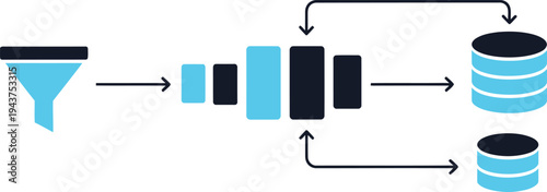 Data flow diagram: Visualization of a data funnel process, illustrating information intake, refinement, and distribution towards storage.