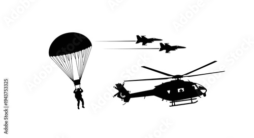 Military Parachutist Jumps From Plane, Helicopter and Jets Fly By
