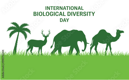 Diverse Animals Silhouette on Green Grass for Biological Diversity Day