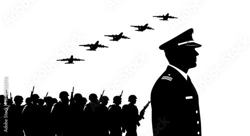 Military Parade: Soldiers Marching, Aircraft Flying, Officer Leading