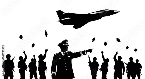 Military Parade: General Leads Troops Under Jet Flyover with Parachutists