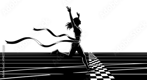 Woman runner crossing the finish line. Silhouette of athletic looking female runner running. Transparent background SVG file.