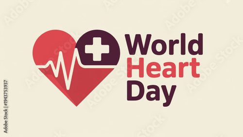 World heart day logo with red heart and medical cross on beige background symbolizing cardiovascular health awareness