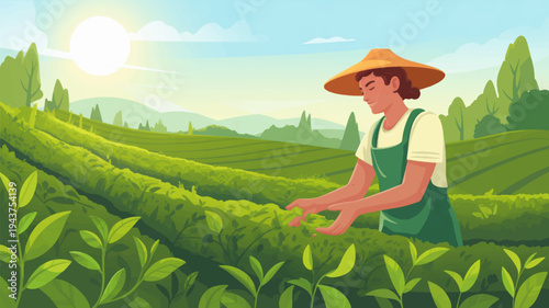 Woman in green overalls and straw hat harvesting tea leaves on rolling hills with lush green tea plants under sunny blue sky