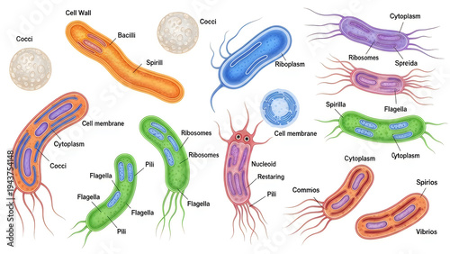 Diverse bacterial cell shapes and structures with labeled components