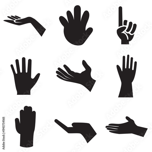  Hand Gesture Silhouettes Set Icons. Hand gesture silhouettes showing different positions and signals, isolated on light background, useful for icons, communication symbols, and design elements.