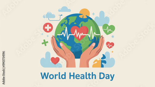 Hands holding a healthy green and blue earth with a red heart and ecg line surrounded by medical symbols for world health day