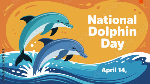Dolphins jumping out of ocean waves on national dolphin day april 14th celebration background