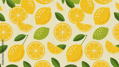 Vibrant yellow lemons and green leaves pattern on cream background citrus fruit illustration