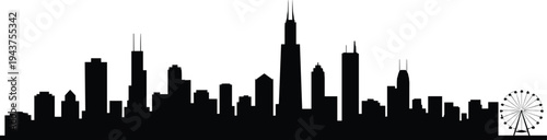 Black silhouette illustration of modern city skyline with skyscrapers, Ferris wheel, and iconic architecture, symbolizing urban lifestyle, metropolitan design, and cityscape artwork.