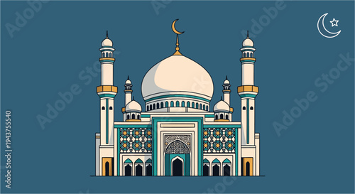 Vector illustration of mosque in Istanbul inspired by Taj Mahal architecture with domes and minarets