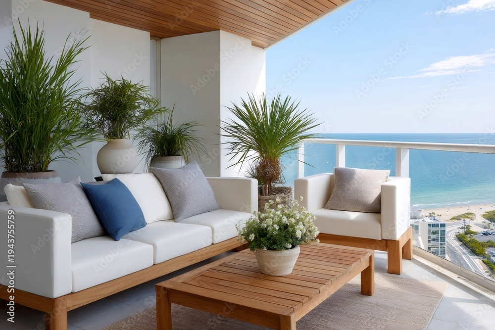 Fototapeta premium Modern luxury balcony with ocean view and outdoor furniture