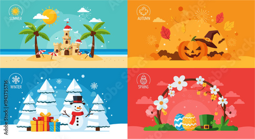 Cartoon winter holiday landscape with houses trees snowman and children under sunny sky with flowers and snow celebrating Christmas season