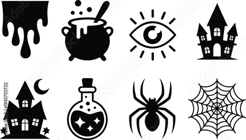 PrintHalloween icon set, spooky silhouette vector, haunted house graphic, spider web illustration,