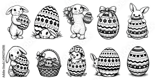 Easter set with bunny, eggs and Easter basket vector sketch