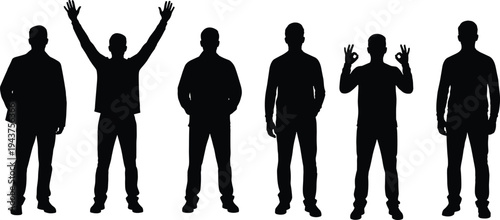 Men silhouettes expressing confidence and gestures isolated on white background, human body language, emotions, communication, lifestyle, and social interaction concept illustration