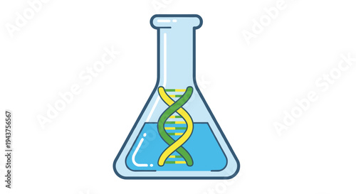 A colorful illustration of a flask with dna double helix inside, Generative AI.