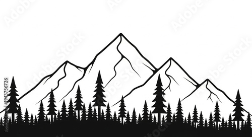 Black silhouette mountain forest landscape.