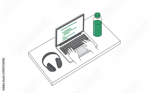 A detailed illustration of a person typing on a laptop with headphones and a water bottle on a desk