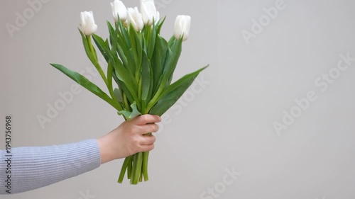 A woman's hand holds bouquet of white tulips on a gray background.