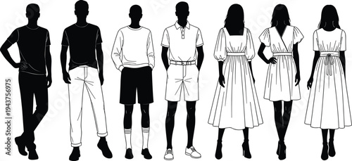 Fashion clothing silhouettes of men and women wearing casual outfits and dresses, front and back views, apparel design reference isolated