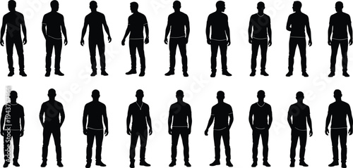 Male silhouettes standing in various casual poses isolated on white background, human body proportions, posture variety, lifestyle people, and modern character set