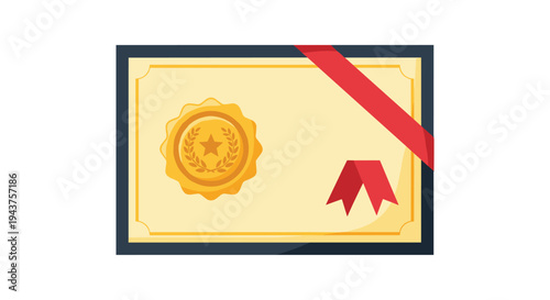 Certificate with gold seal and red ribbon on a black framed yellow background, Generative AI.