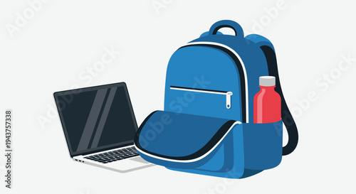 A blue backpack with a laptop and water bottle inside for school or travel, Generative AI.