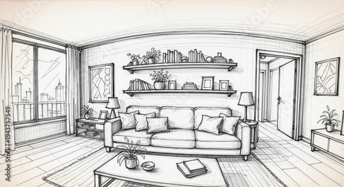 Living Room Interior Sketch with Couch and Shelves.