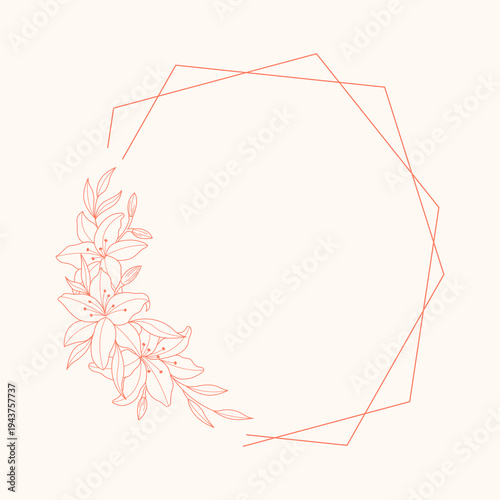 Lily floral polygon hand drawn style. Floral red frame of twigs, leaves and flowers. Frames for Valentine’s Day, wedding decor, logo and identity template.