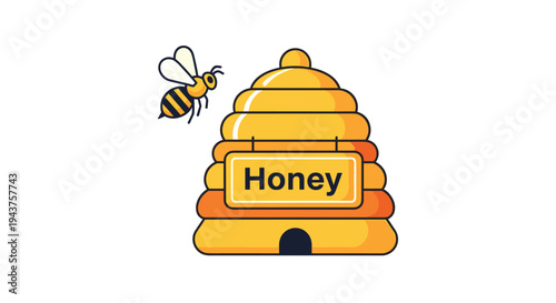 A colorful cartoon illustration of a beehive with a bee flying nearby, Generative AI.