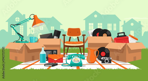 Vector illustration of garage sale items and boxes on a blanket in front of houses