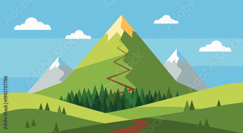 A Scenic Mountainous Landscape with a Winding Path A Flat Design Vector Illustration