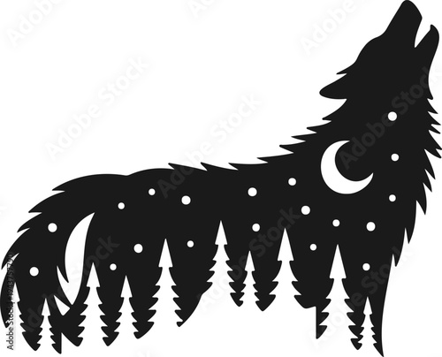 Wolf Silhouette Double Exposure Landscape with Pine Forest and Crescent Moon Night Sky Vector Illustration