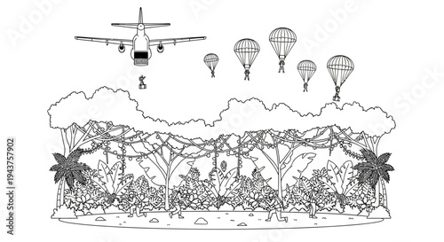 Military aircraft dropping paratroopers and supplies over a dense forest canopy.