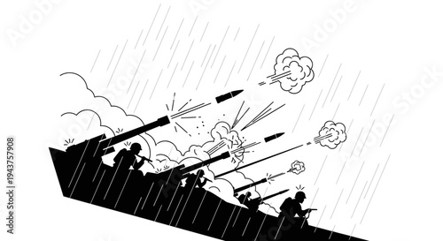 Military artillery firing rockets during a rainstorm, soldiers in silhouette