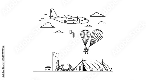Military Airlift Drops Paratroopers and Medical Aid to Ground Team