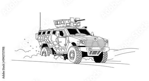 Military Armored Vehicle with Machine Gun in Action - Line Art Drawing