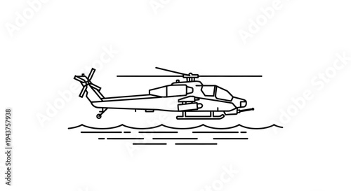 Military Attack Helicopter Flying Over Water Surface - Line Art Illustration