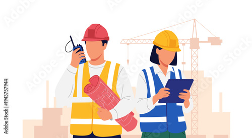 Construction professionals vector illustration, representing teamwork and planning with blueprints and tablets at a building site