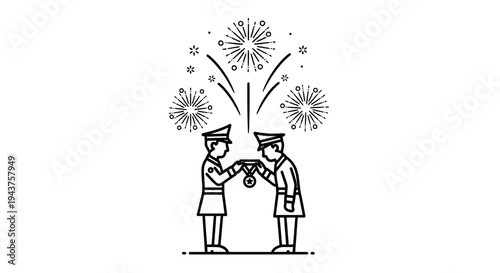 Military Award Ceremony: Officer Receives Medal with Fireworks Celebration