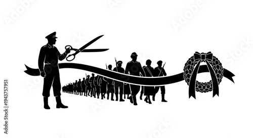 Military Ceremony Ribbon Cutting Grand Opening Wreath Bow Scissors Soldier Marching Parade
