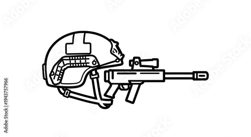 Military Combat Helmet and Assault Rifle with Scope - Vector Illustration