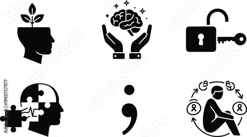 Mental Health and Psychology Icon Set, Wellness and Brain Health Vector Graphics for Counseling, Therapy, Mindfulness, Personal Growth, and Mental Awareness Commercial Design Projects