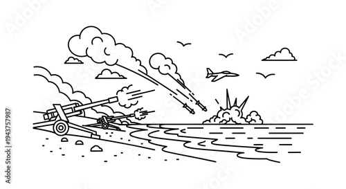 Military conflict on beach: artillery firing, missiles launched, airplane attack, explosion at sea