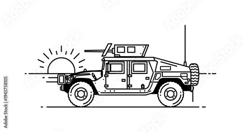 Military Humvee Vehicle with Sunrise and Weapon Mount - Line Art Illustration