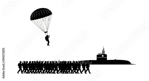 Military Paratrooper Landing Near Submarine and Marching Soldiers Silhouette