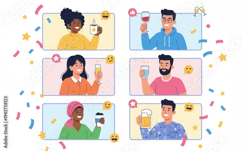 Diverse friends enjoy a virtual celebration, toasting with various beverages and sharing happy moments online from their homes through video calls
