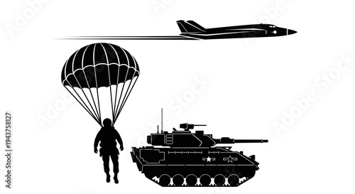 Military Paratrooper, Jet Fighter, and Tank Silhouette - Airborne Assault Concept